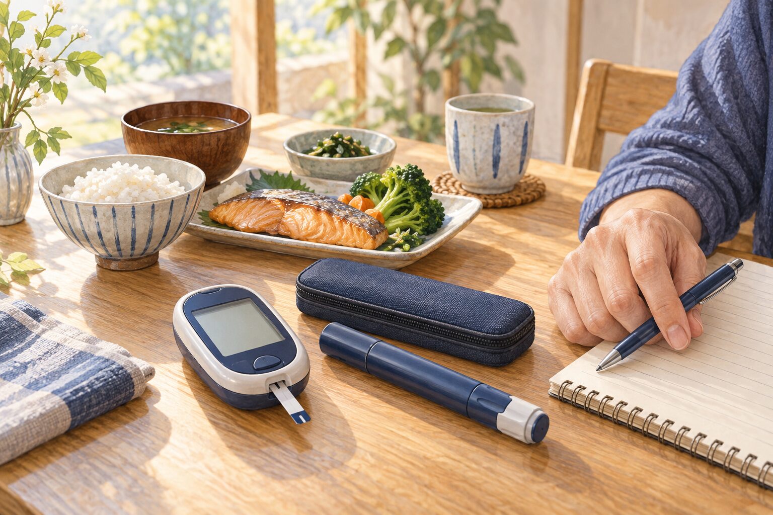 血糖測定器、インスリンペン、記録用ノートと食事を描いた糖尿病の生活管理のイラスト