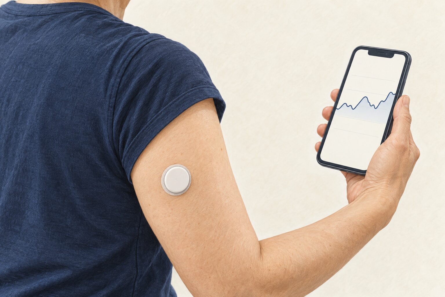 上腕の小型センサーとスマートフォンで日々のグルコース変動を確認するイラスト