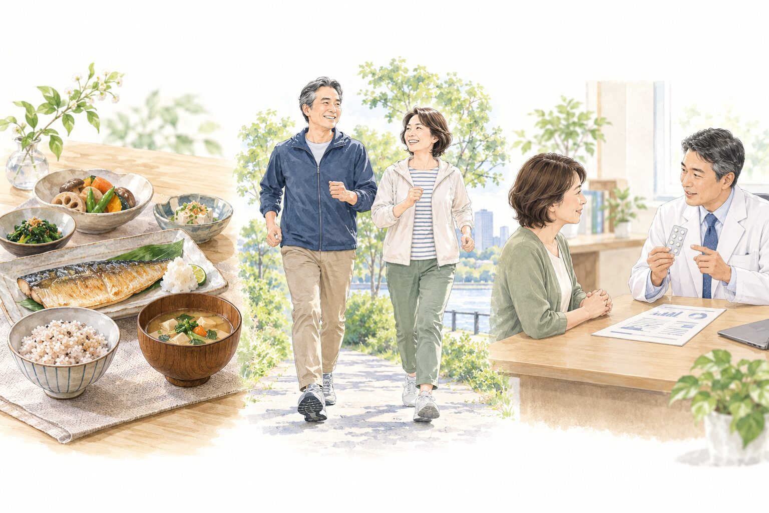 食事・運動・医師と相談する薬物療法の3つで、脂質異常症の治療を続けるイメージ