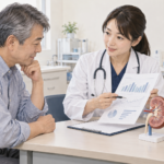 採血結果を確認する医療者と患者、机上の腎臓模型を描いた説明用イラスト