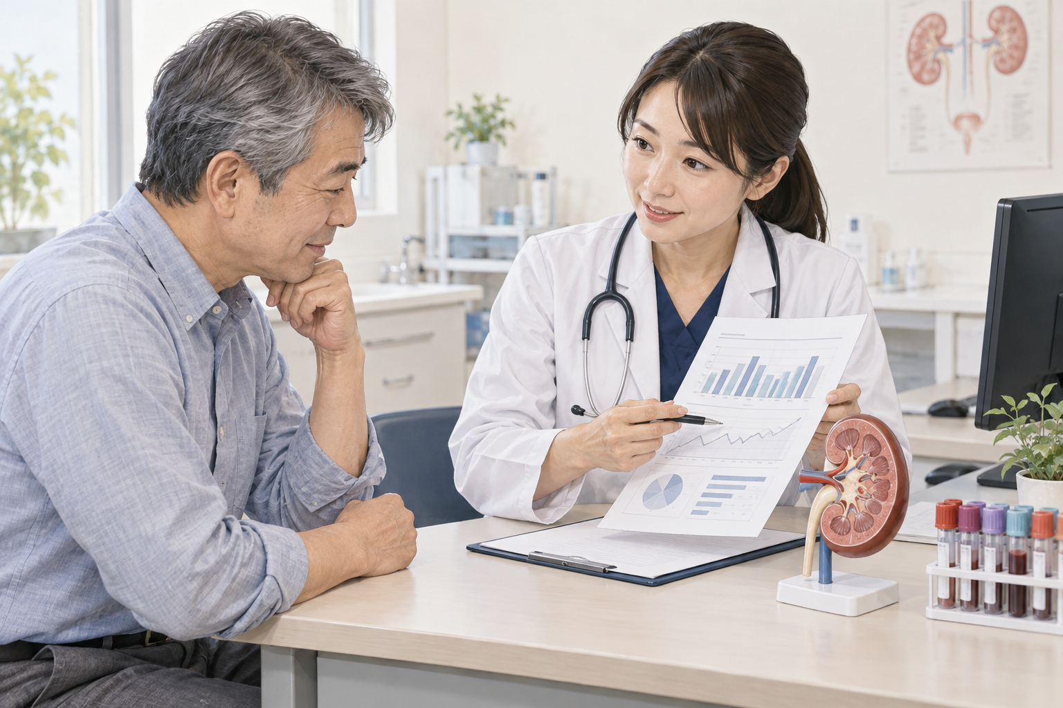 採血結果を確認する医療者と患者、机上の腎臓模型を描いた説明用イラスト