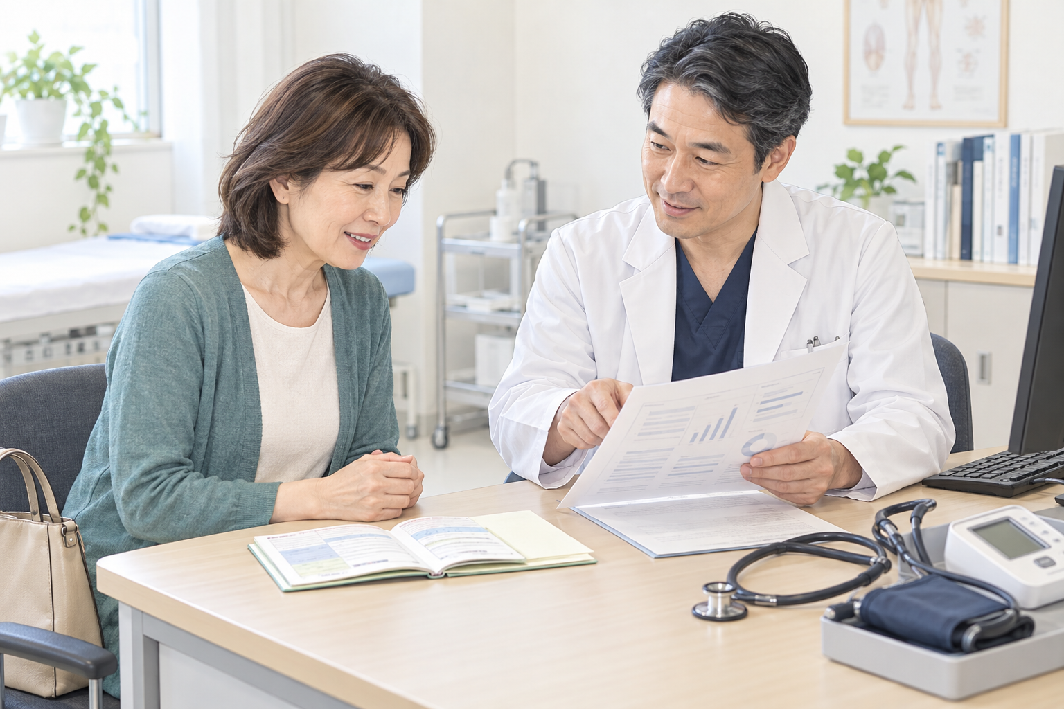 健診結果とお薬手帳を持参し、医療者と結果を確認する人の説明用イラスト
