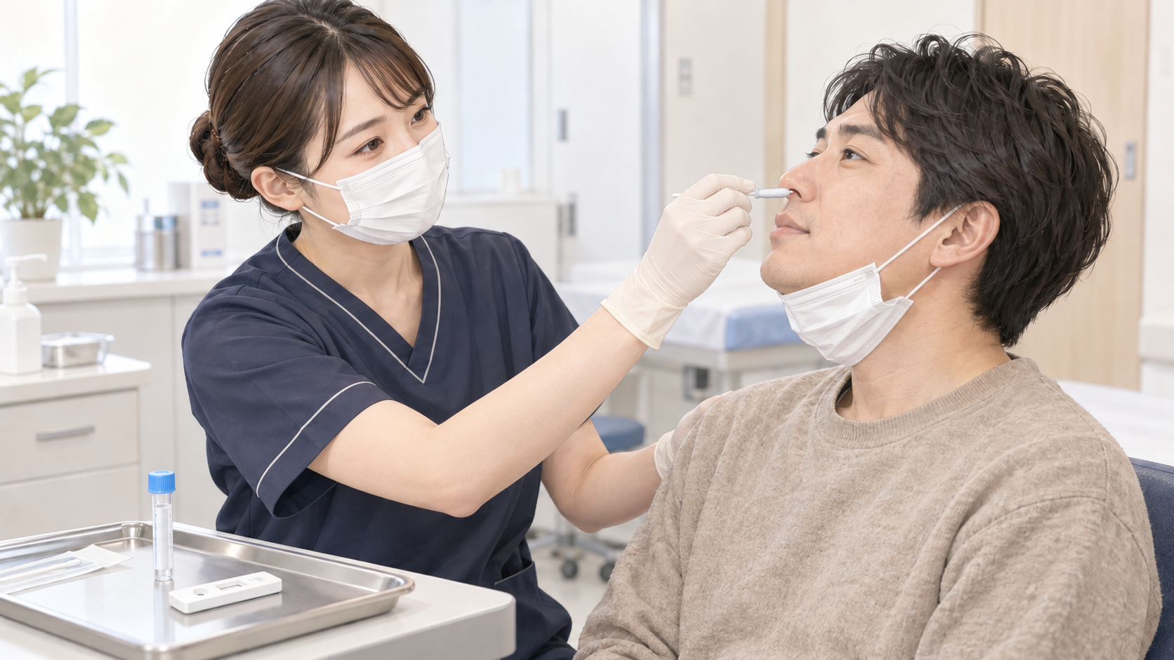 鼻の手前側から検体を採取する医療スタッフと患者さん