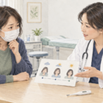 医師と発熱の経過を確認する女性
