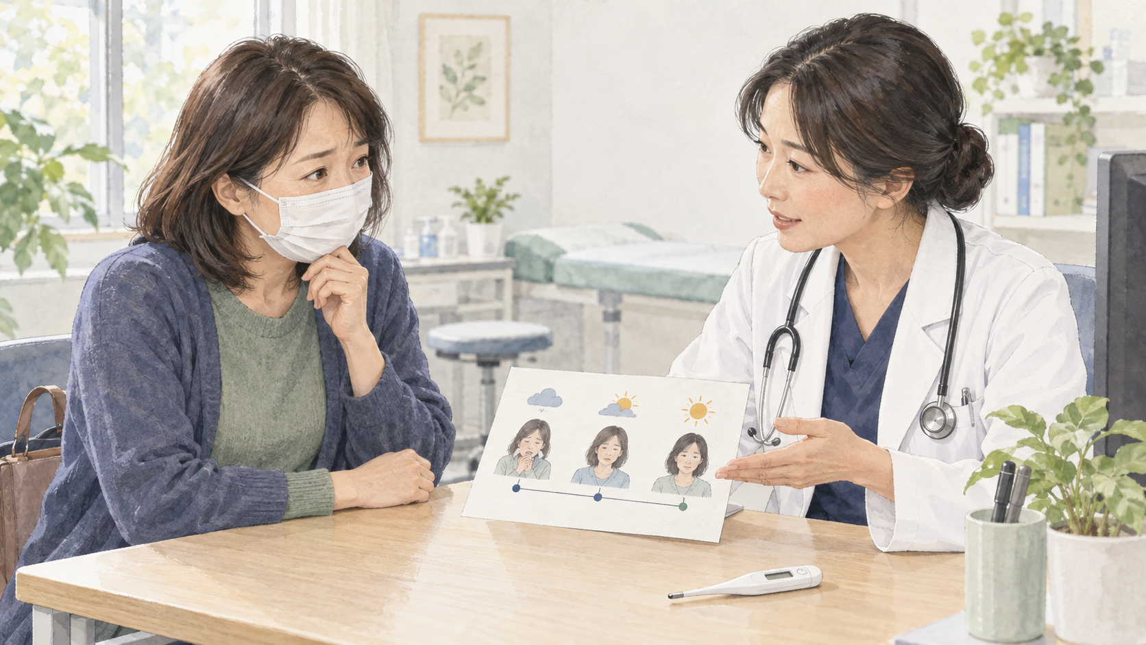 症状の経過と検査結果を相談する場面