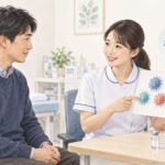 回復後にインフルエンザワクチンについて相談する場面