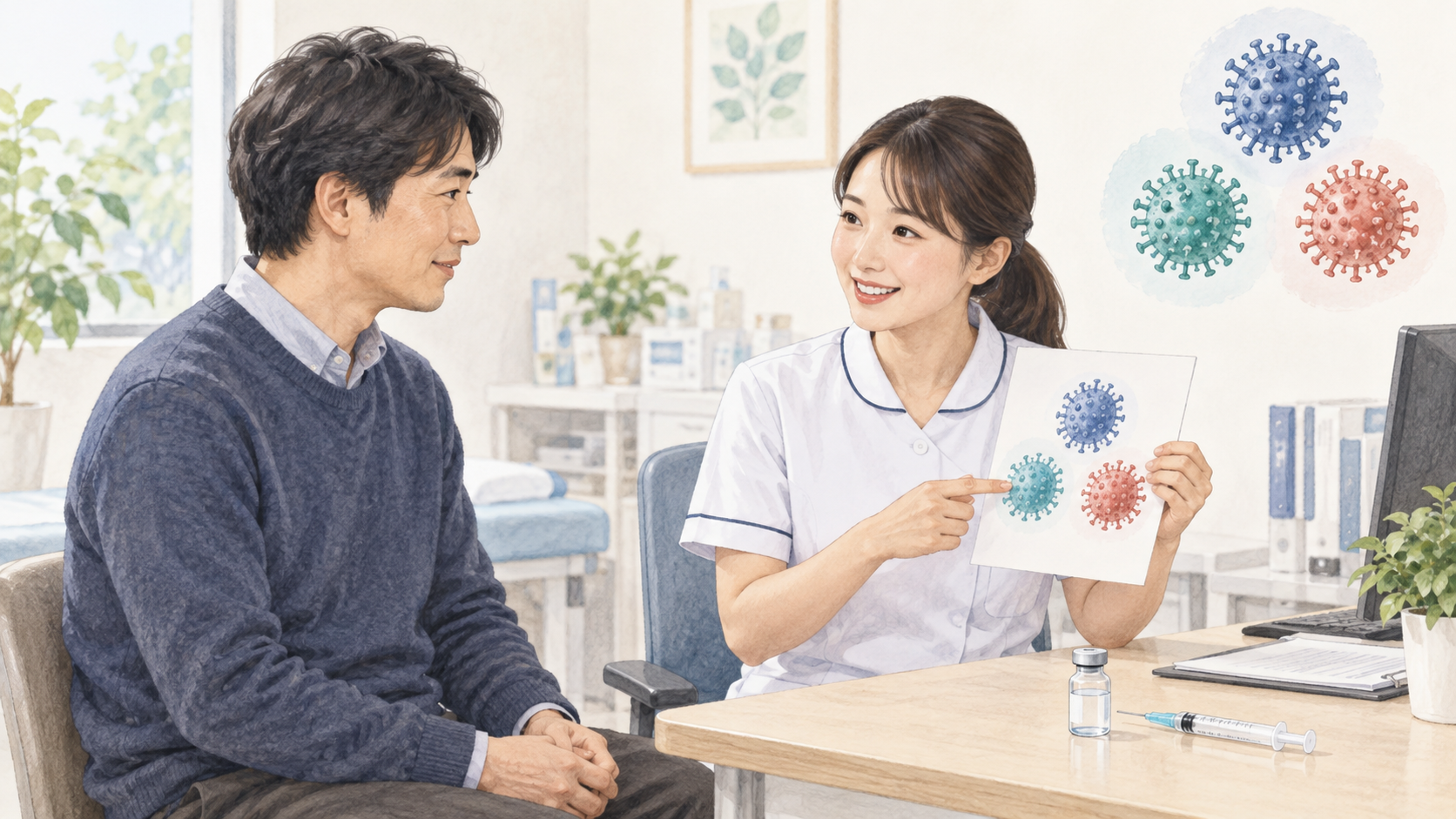 回復後にインフルエンザワクチンについて相談する場面