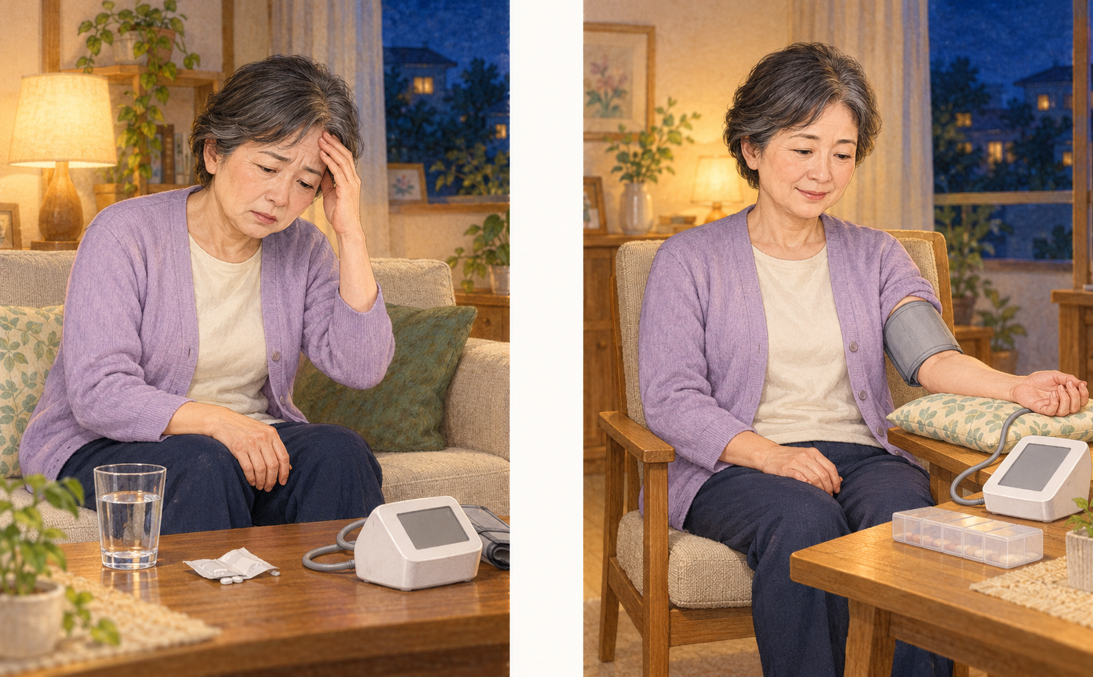 自己判断での追加服用後にふらつく女性と、追加せず休息して落ち着いて測り直す女性の比較