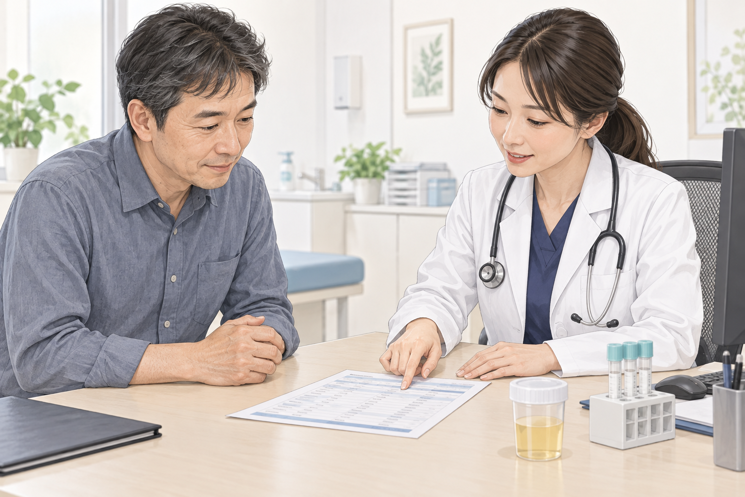 尿検査の結果票を医療者と確認する人と、採尿容器を描いた説明用イラスト